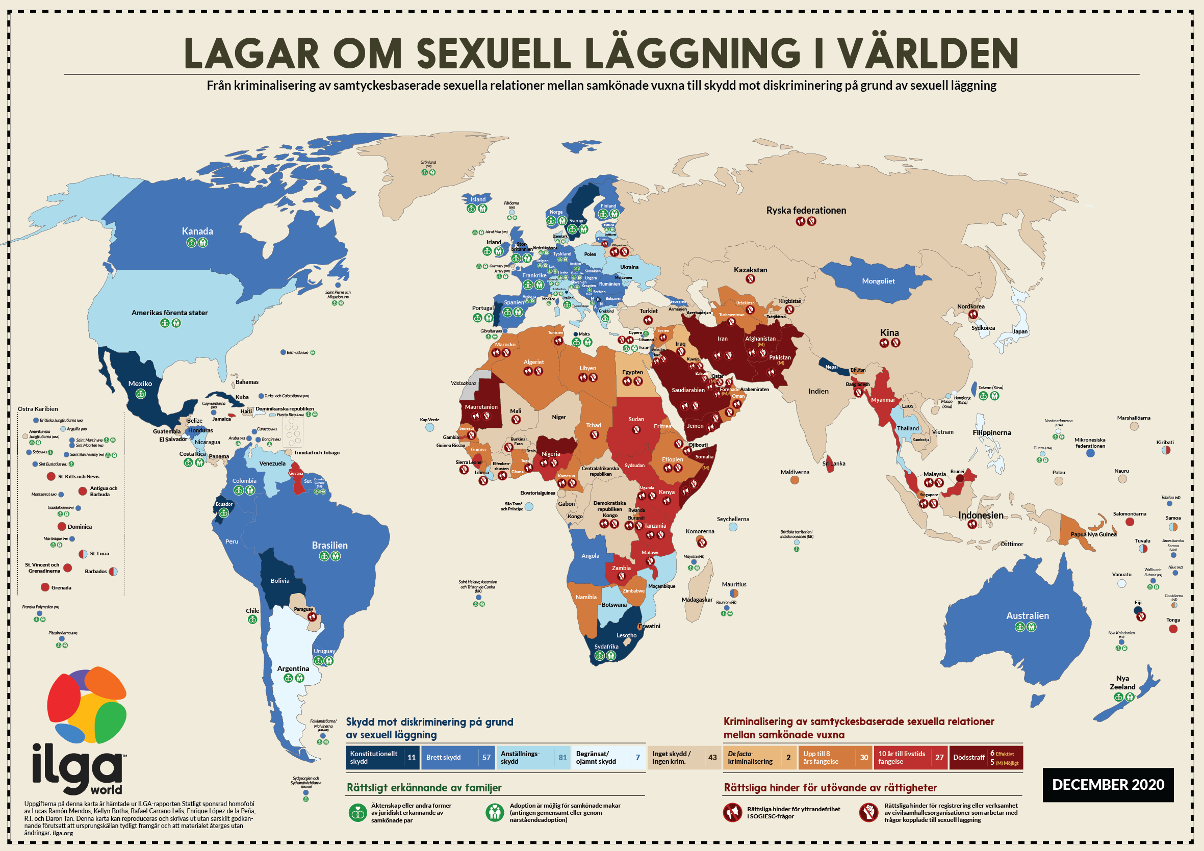 Karta som illustrerar lagar om sexuell läggning i världen.